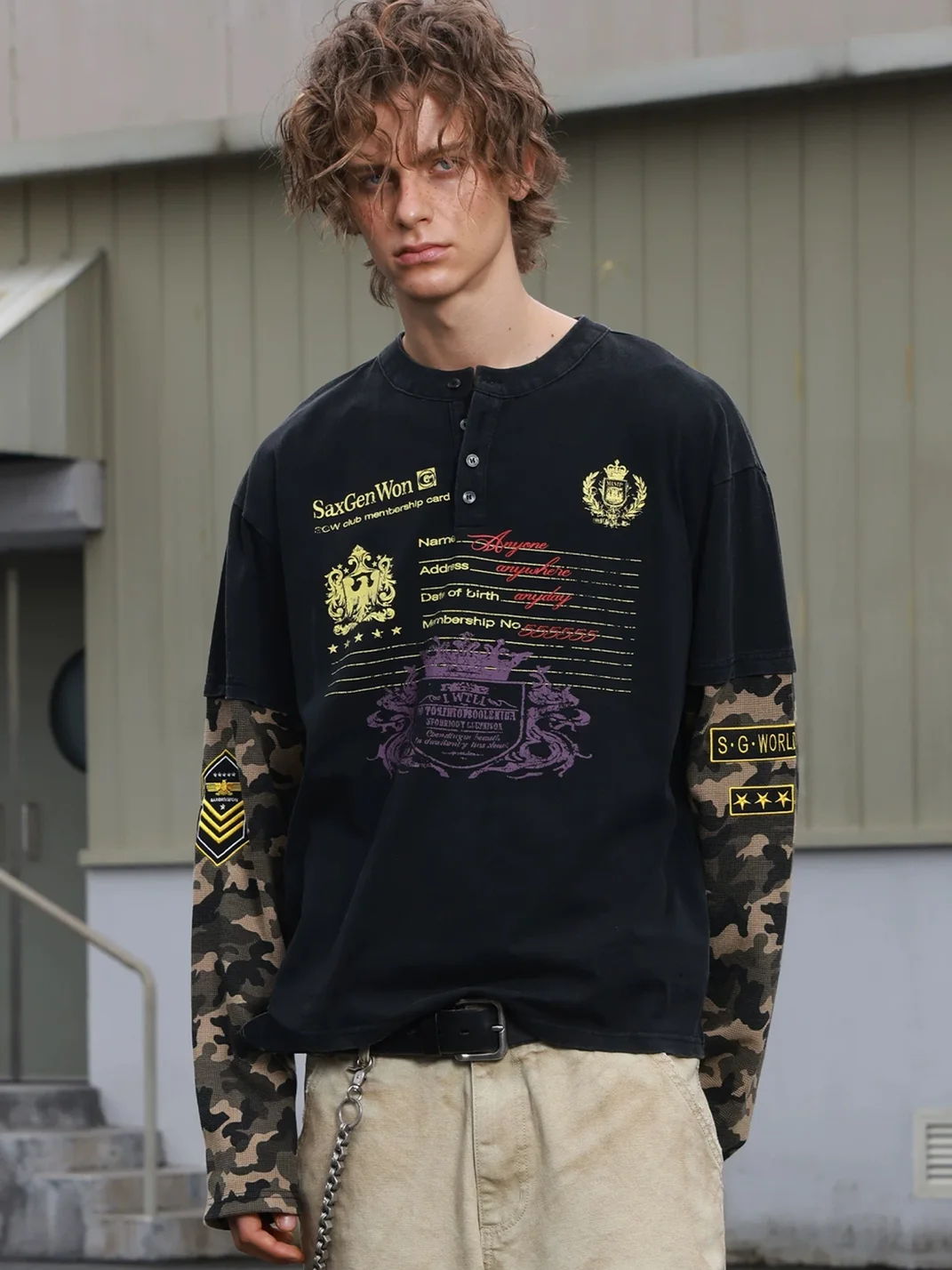 SAXGENWON | Boxy Camouflage Sleeve Henley Long Sleeve T-Shirt