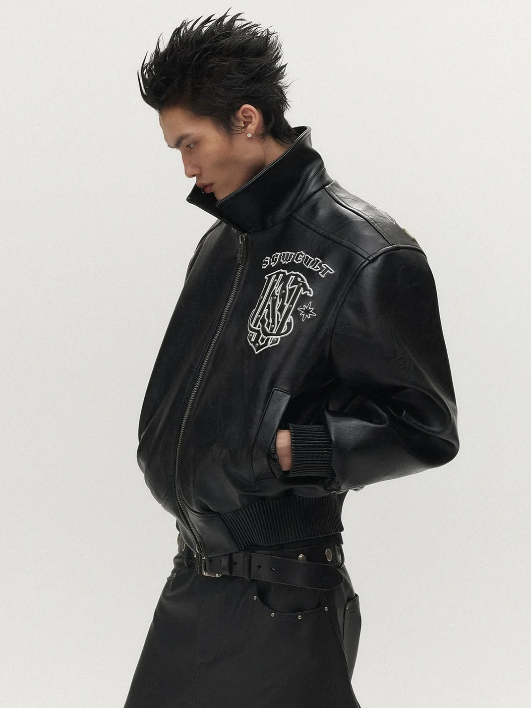 SAXGENWON | Studded Embroidered Faux Leather Moto Jacket