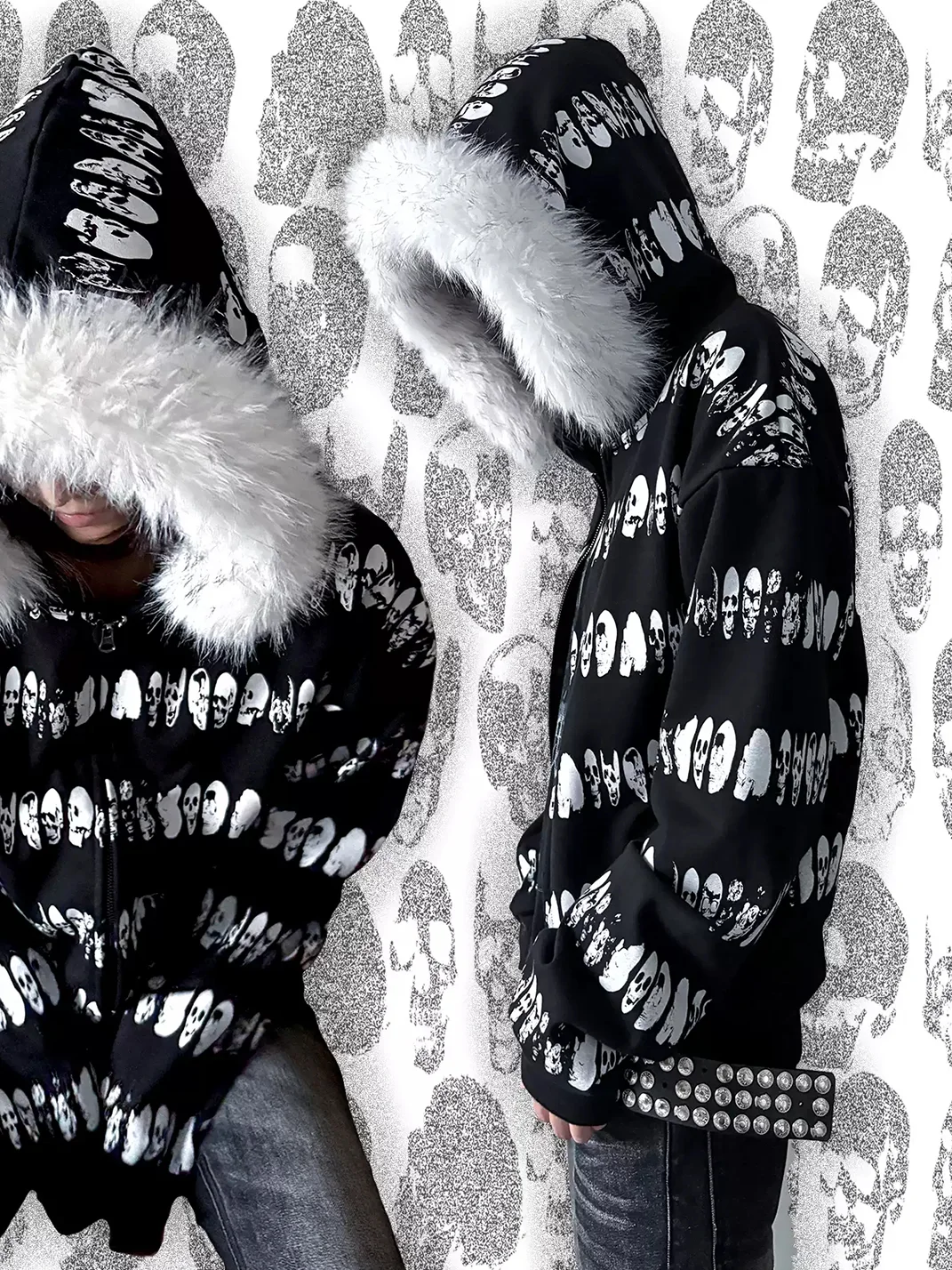 B0RN1NH3LL | Plush-Trimmed Skull Stripe Zip Hoodie