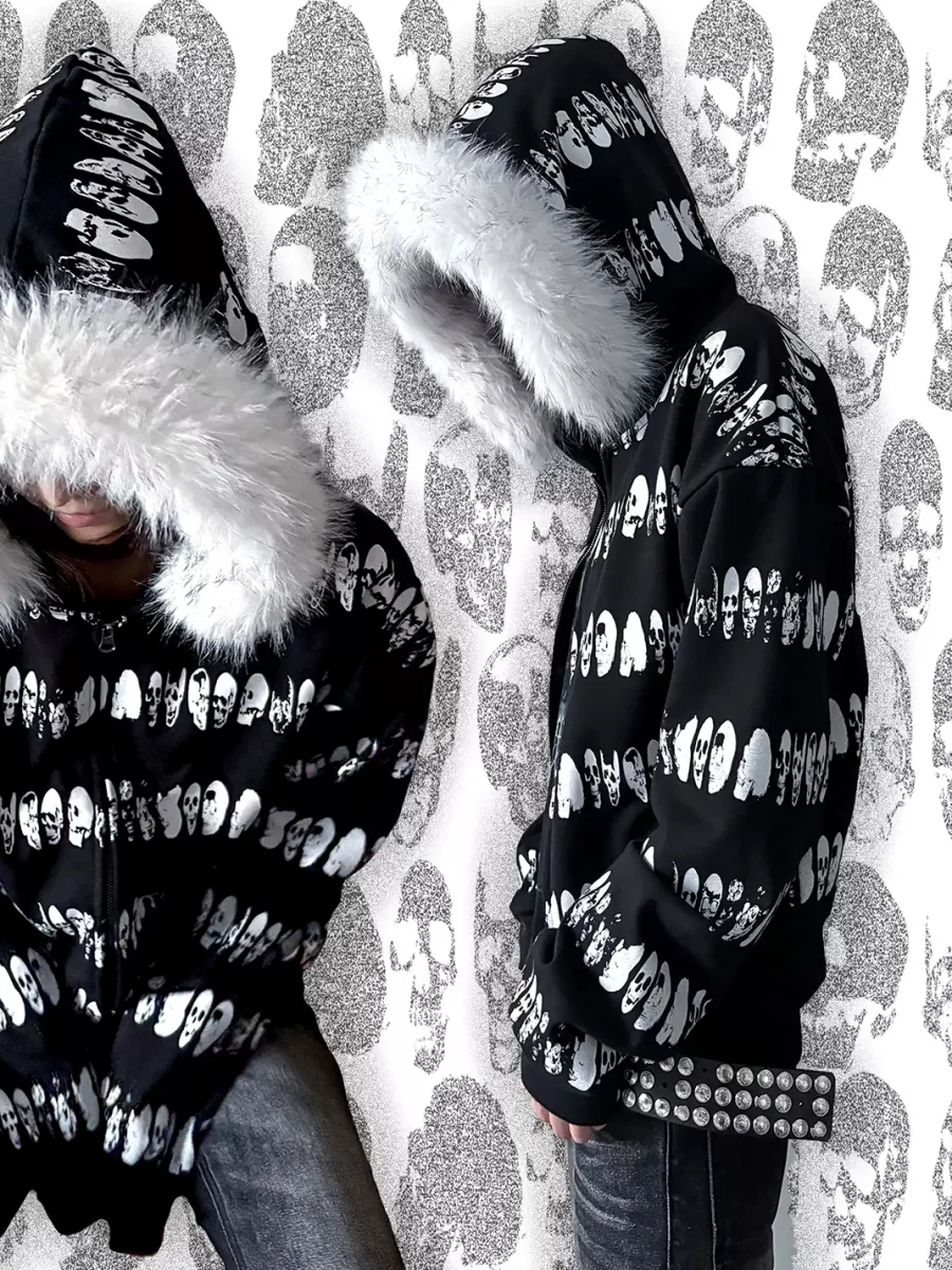 B0RN1NH3LL | Plush-Trimmed Skull Stripe Zip Hoodie - 3
