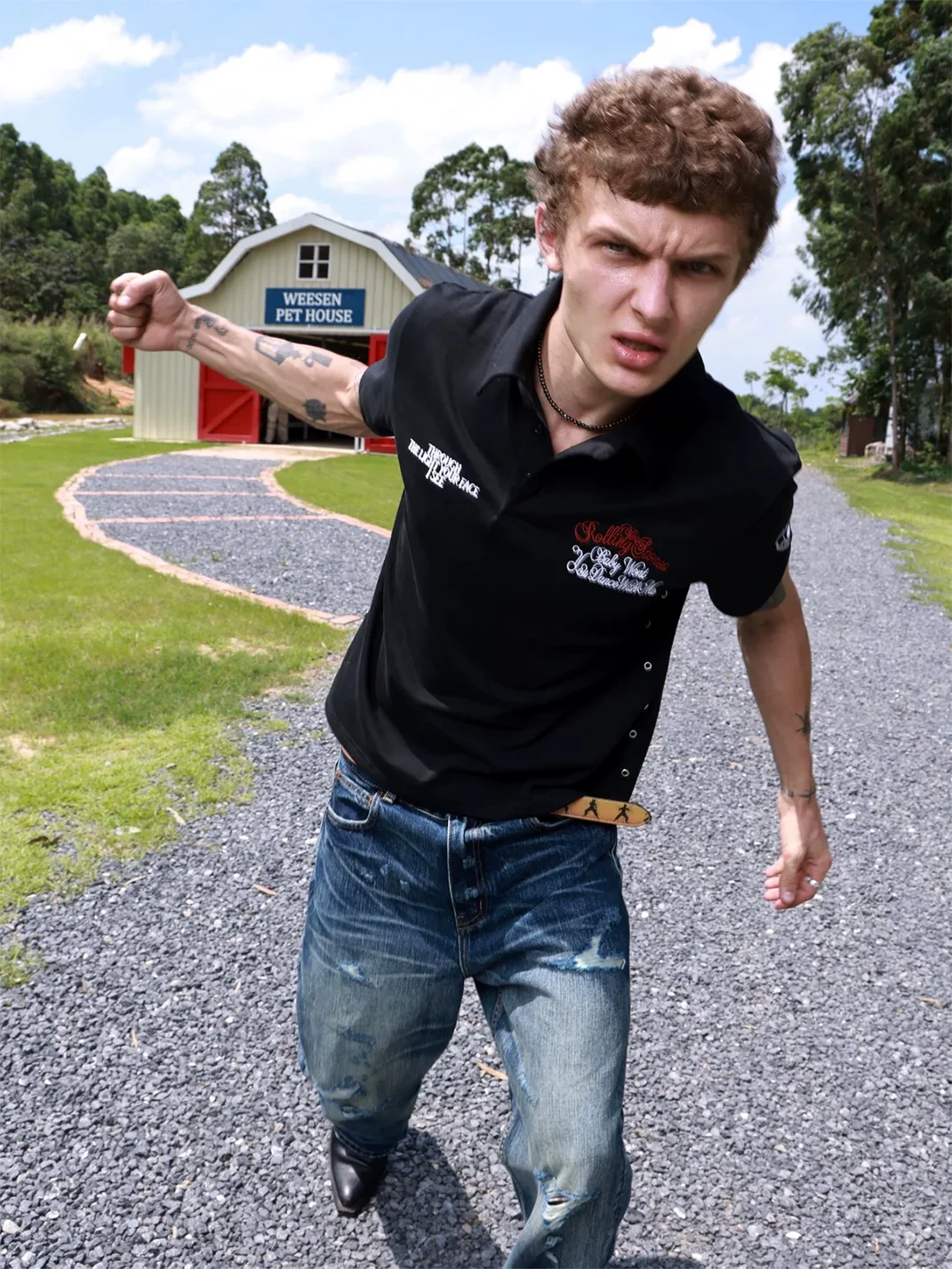 VOWPROGRESS | Leopard Tongue Embroidered Eyelet Polo T-Shirt