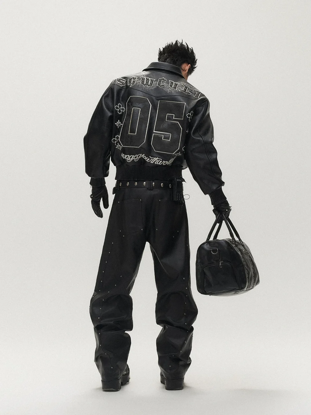 SAXGENWON | Studded Embroidered Faux Leather Moto Jacket