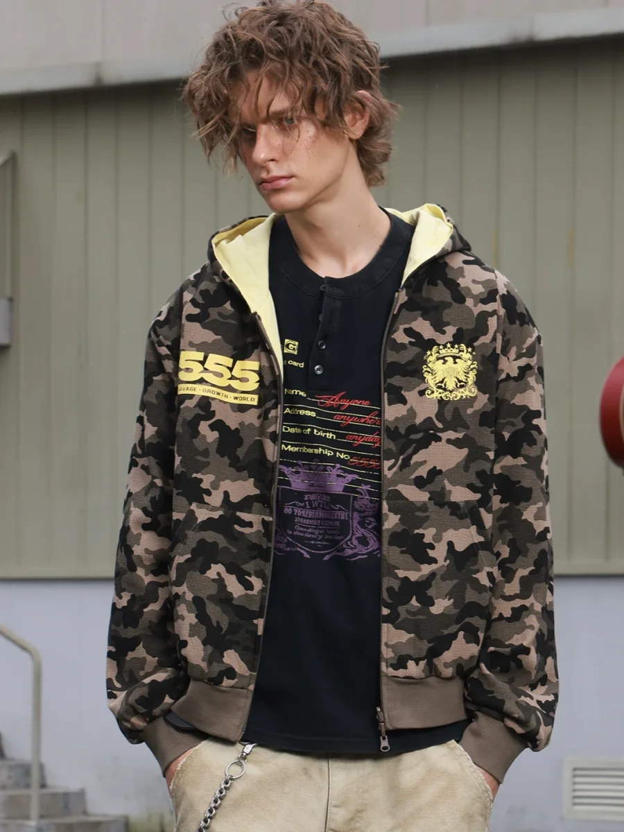 SAXGENWON | Reversible Camouflage Waffle Cropped Zip Hoodie - 2