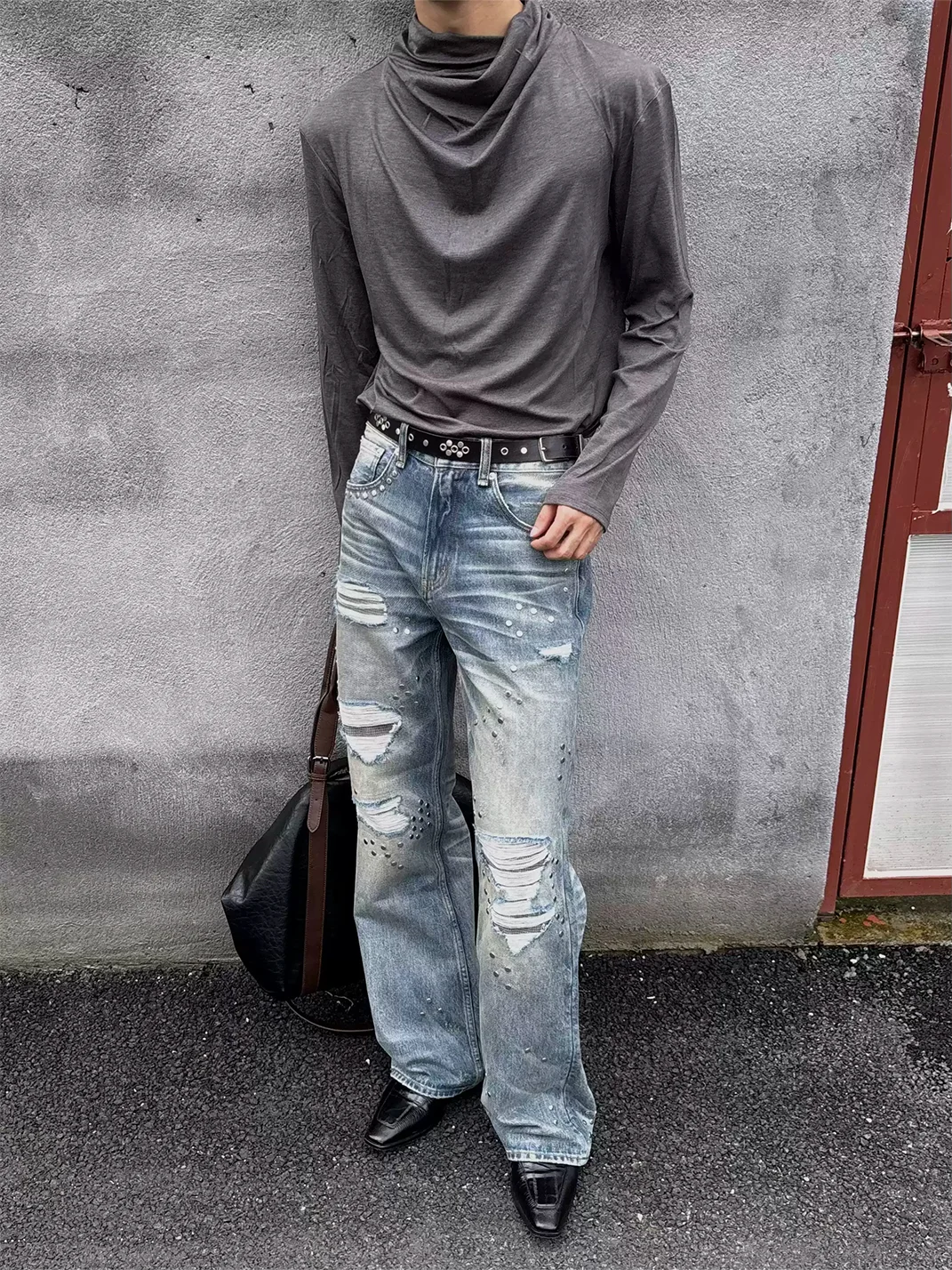 VOWPROGRESS | Houndstooth Patch Distressed Studded Flared Jeans