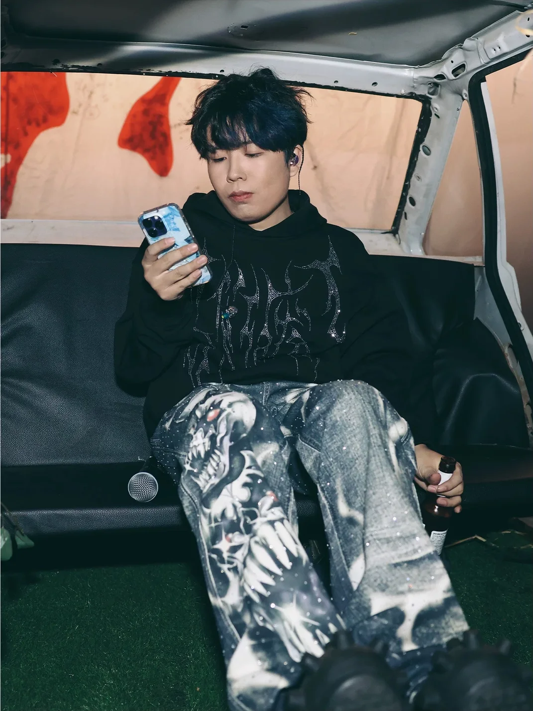 WASTED | Rhinestone Skull Print Flared Jeans
