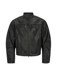 SAXGENWON | Distressed Cross-Zip Cropped Biker Jacket