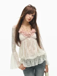 SereneEase | Lace Square-Neck Ruffle Flare-Sleeve Top