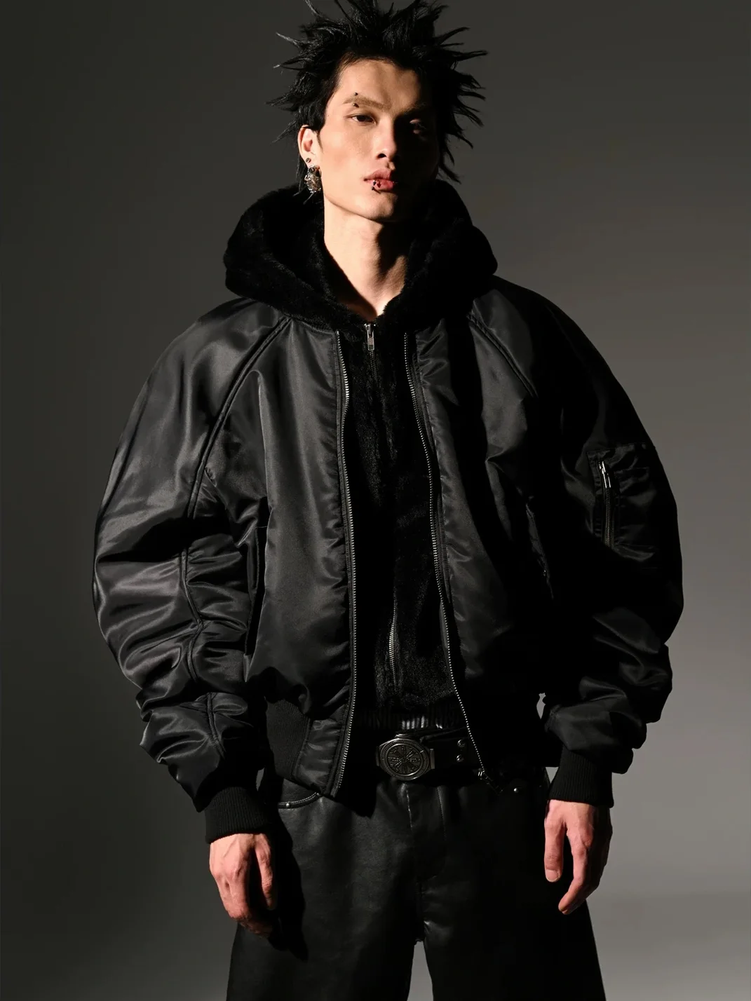 SAXGENWON | Cropped Hooded Faux Fur Bomber Jacket