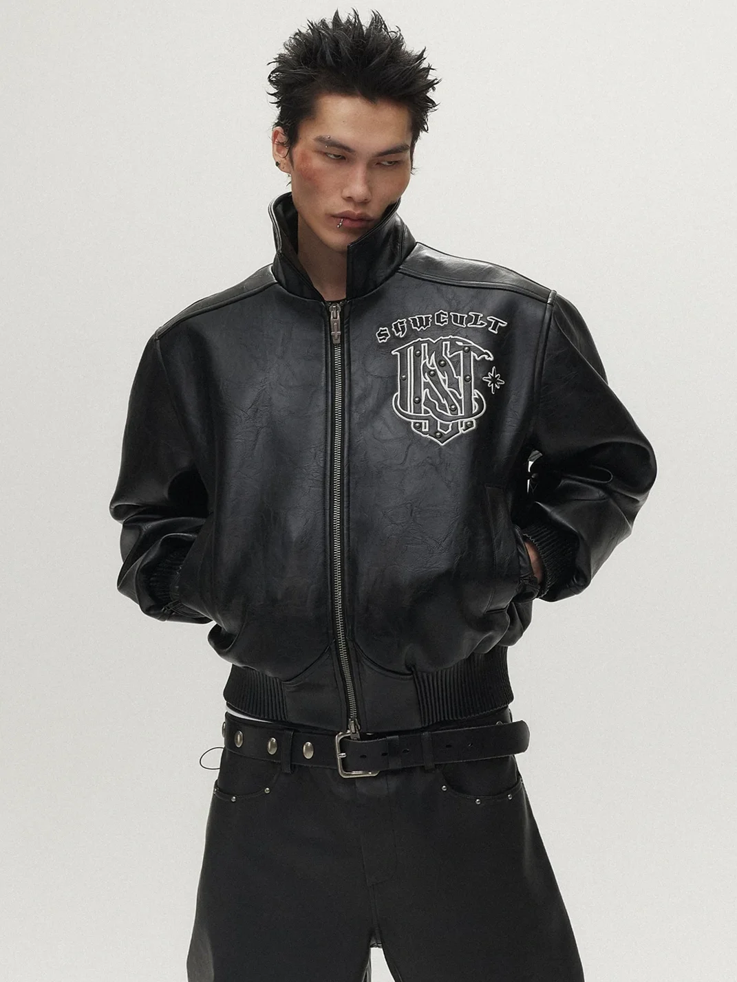SAXGENWON | Studded Embroidered Faux Leather Moto Jacket