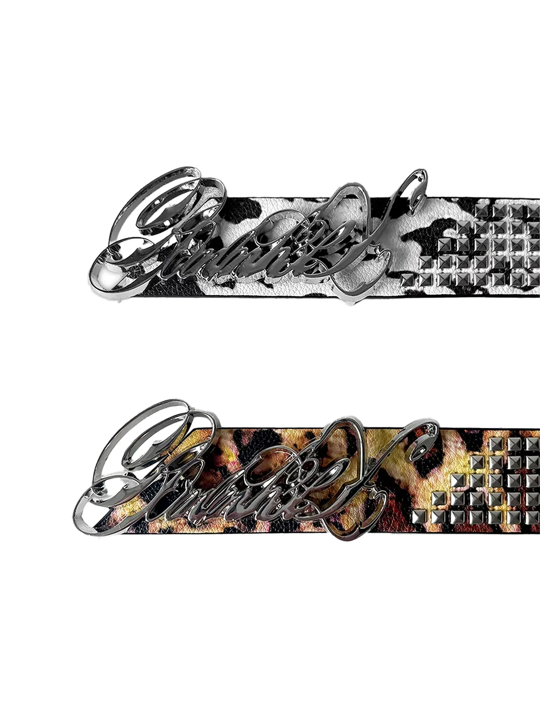 B0RN1NH3LL | Leopard Print Studded Script Buckle Belt