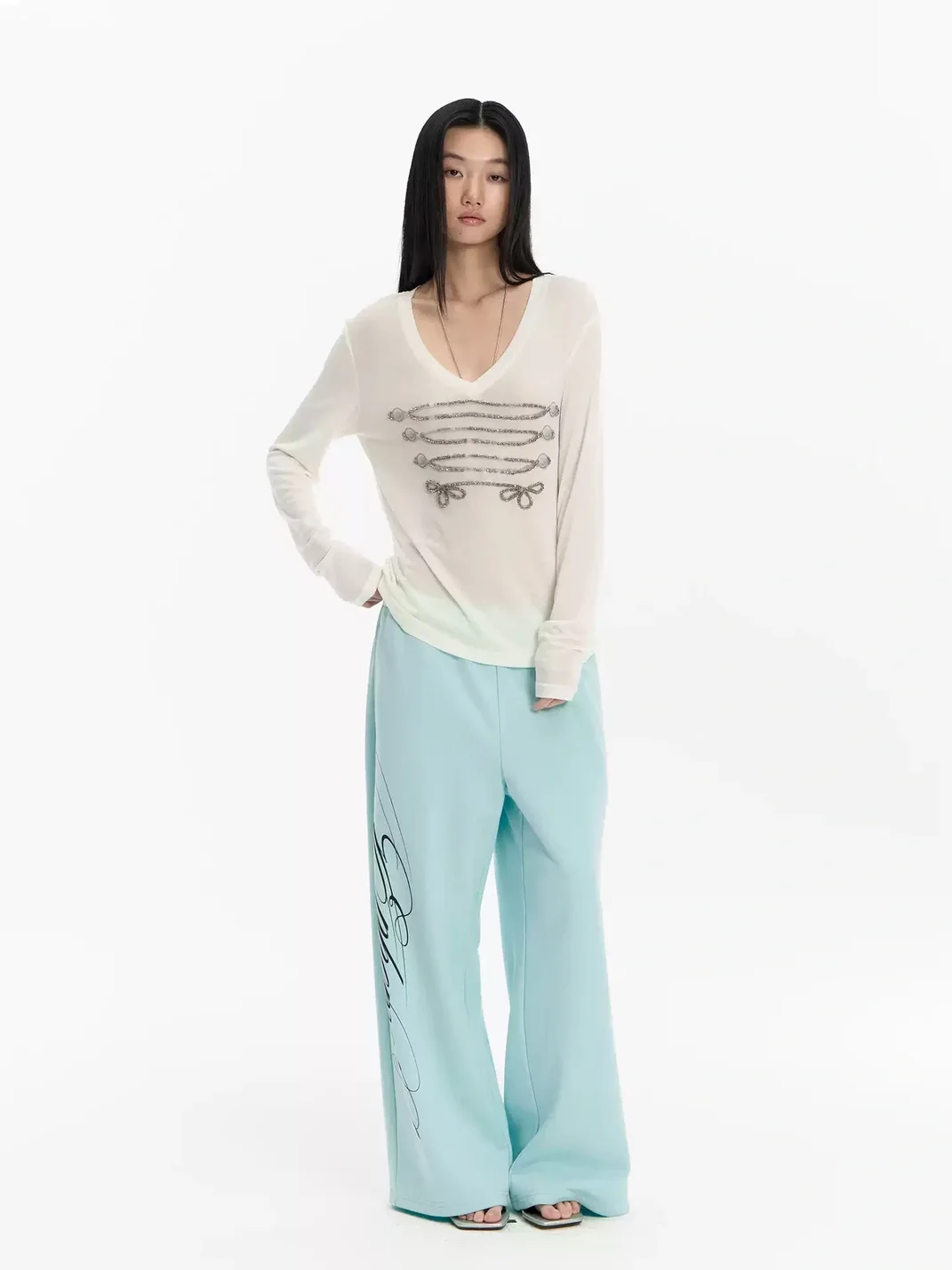 FayChui | Mint Green Printed Wide-Leg Straight-Leg Pants