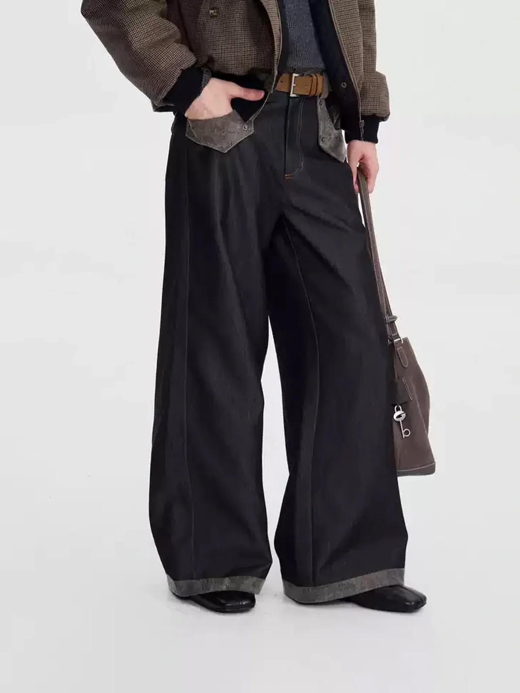 OPENFLY | Washed Suede Panel Wide Leg Cargo Jeans