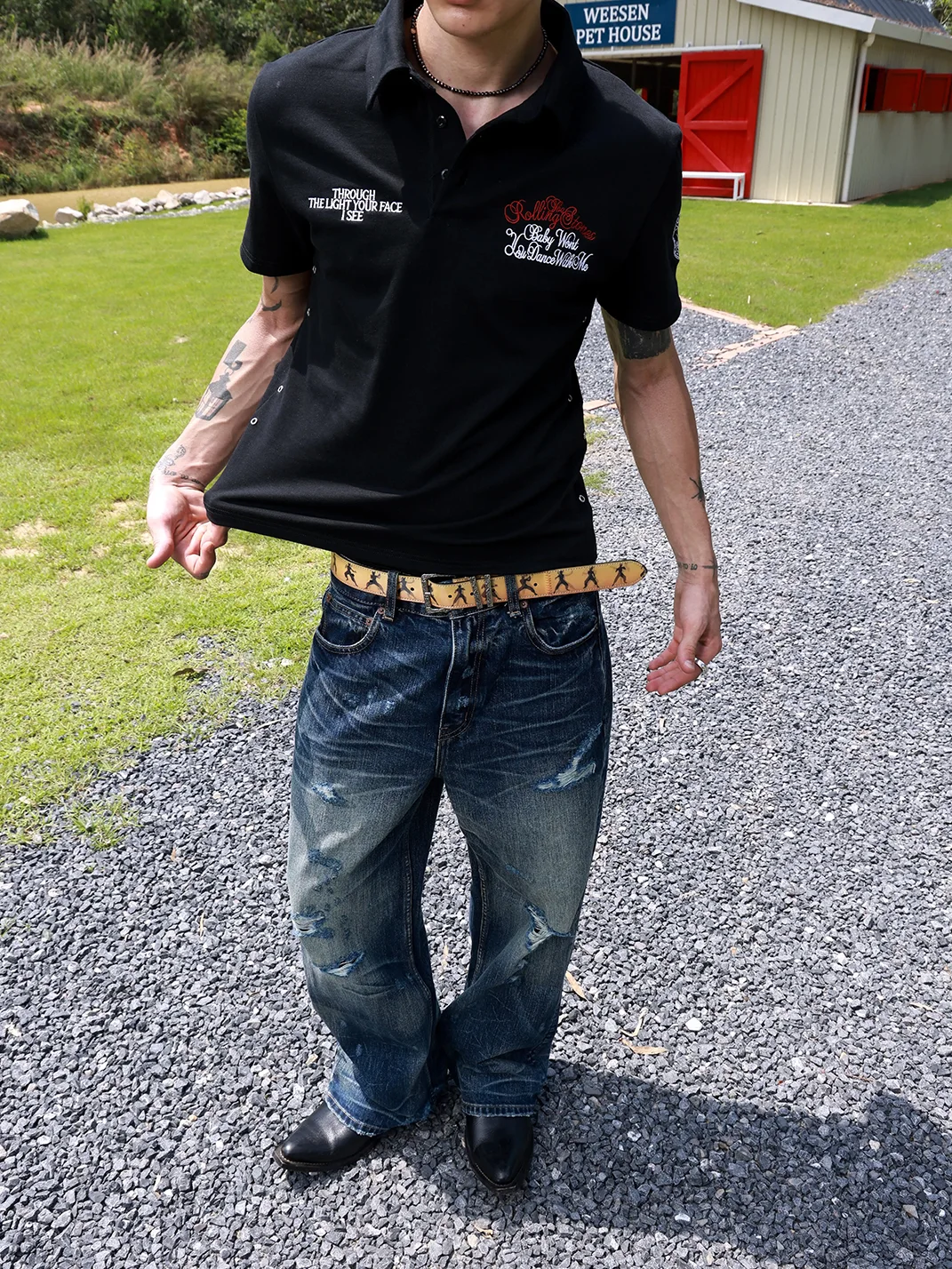 VOWPROGRESS | Leopard Tongue Embroidered Eyelet Polo T-Shirt