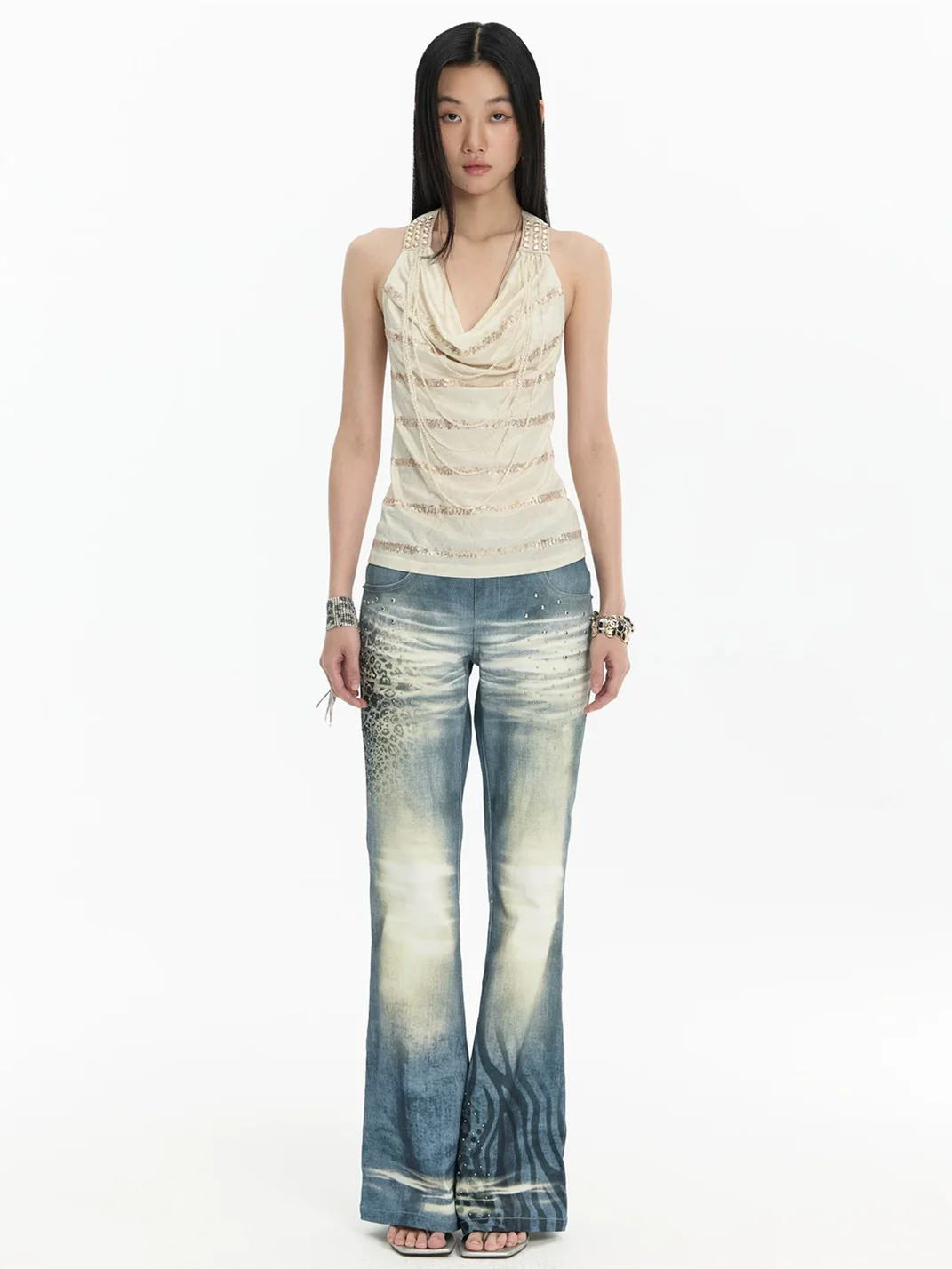 FayChui | Washed Animal Print Slim Flare Jeans
