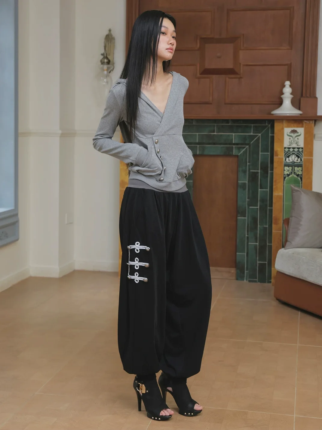 FayChui | Cropped Wrap V-Neck Button Hoodie