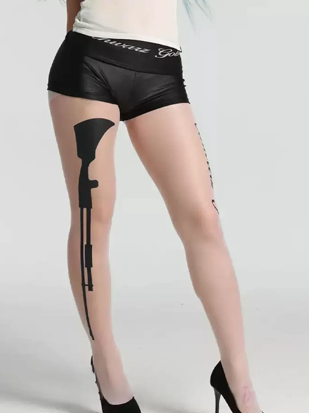 SchwarzGold | Ultra-Thin Stretch Gun Print White Pantyhose