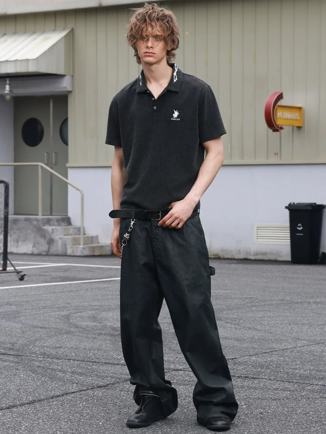 SAXGENWON | Washed Distressed Waffle Embroidered Polo Shirt
