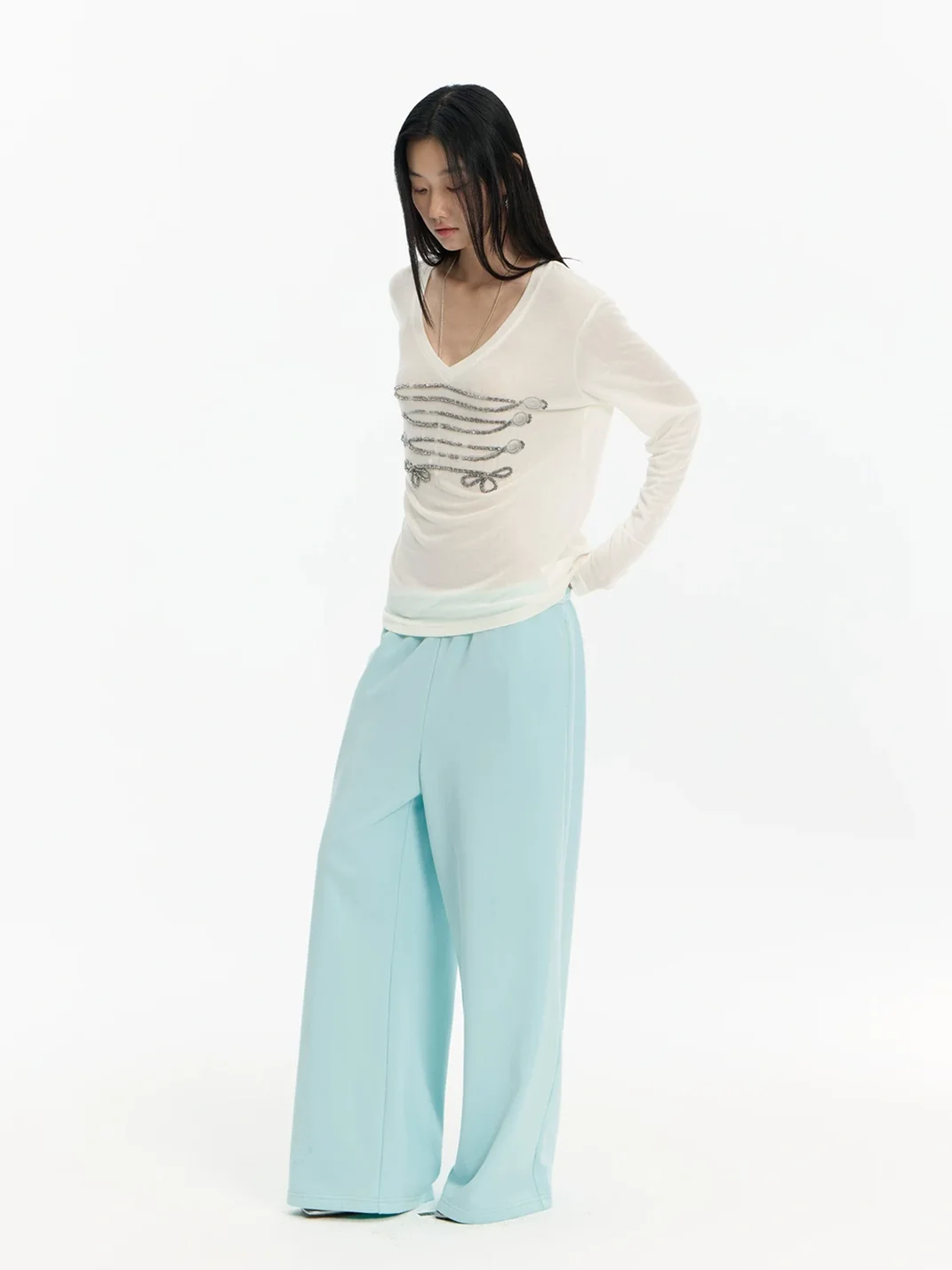FayChui | Mint Green Printed Wide-Leg Straight-Leg Pants