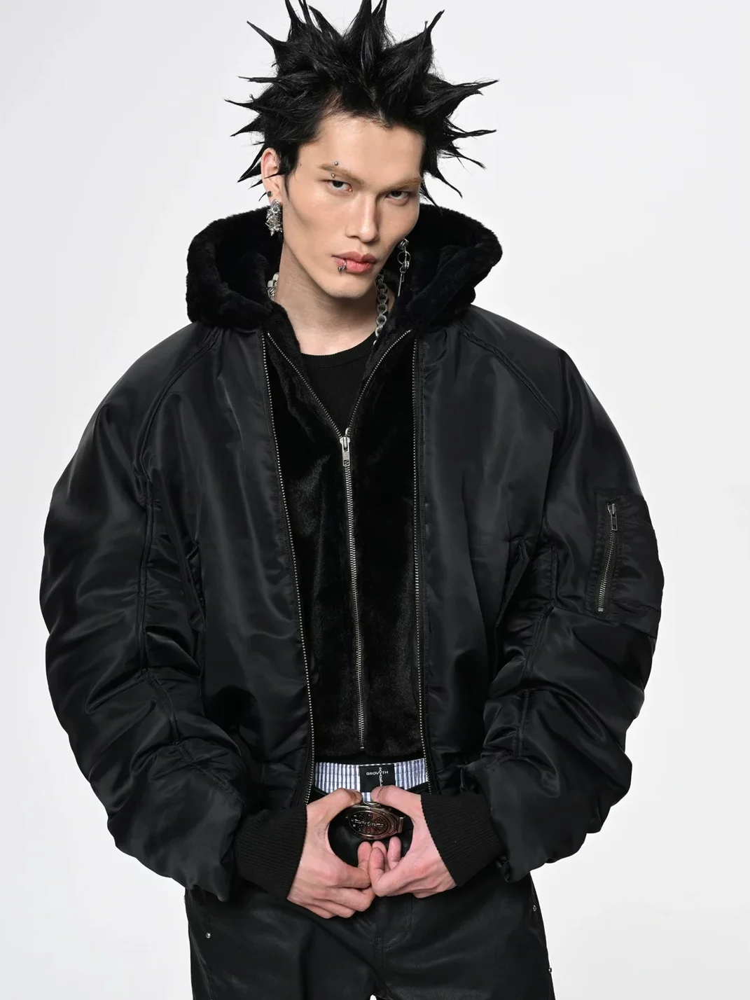 SAXGENWON | Cropped Hooded Faux Fur Bomber Jacket