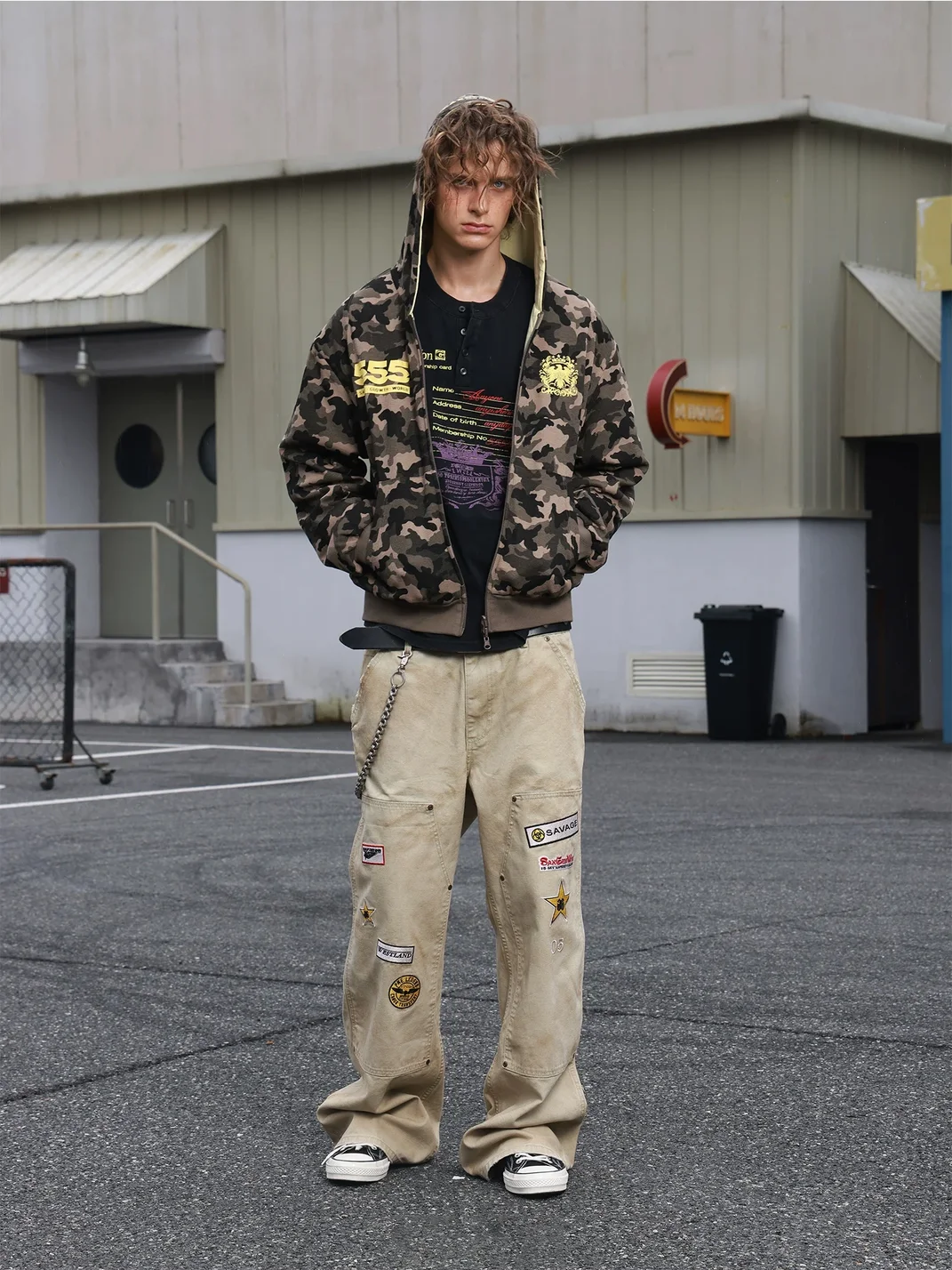 SAXGENWON | Distressed Embroidered Loose Straight Cargo Pants