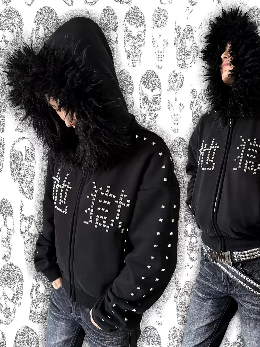 B0RN1NH3LL | Studded Logo Fur-Trim Zip Hoodie