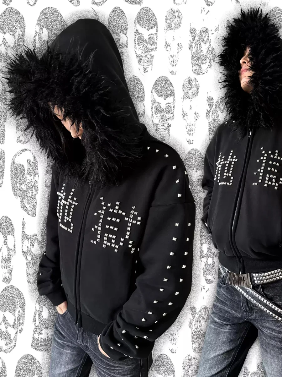 B0RN1NH3LL | Studded Logo Fur-Trim Zip Hoodie - 2