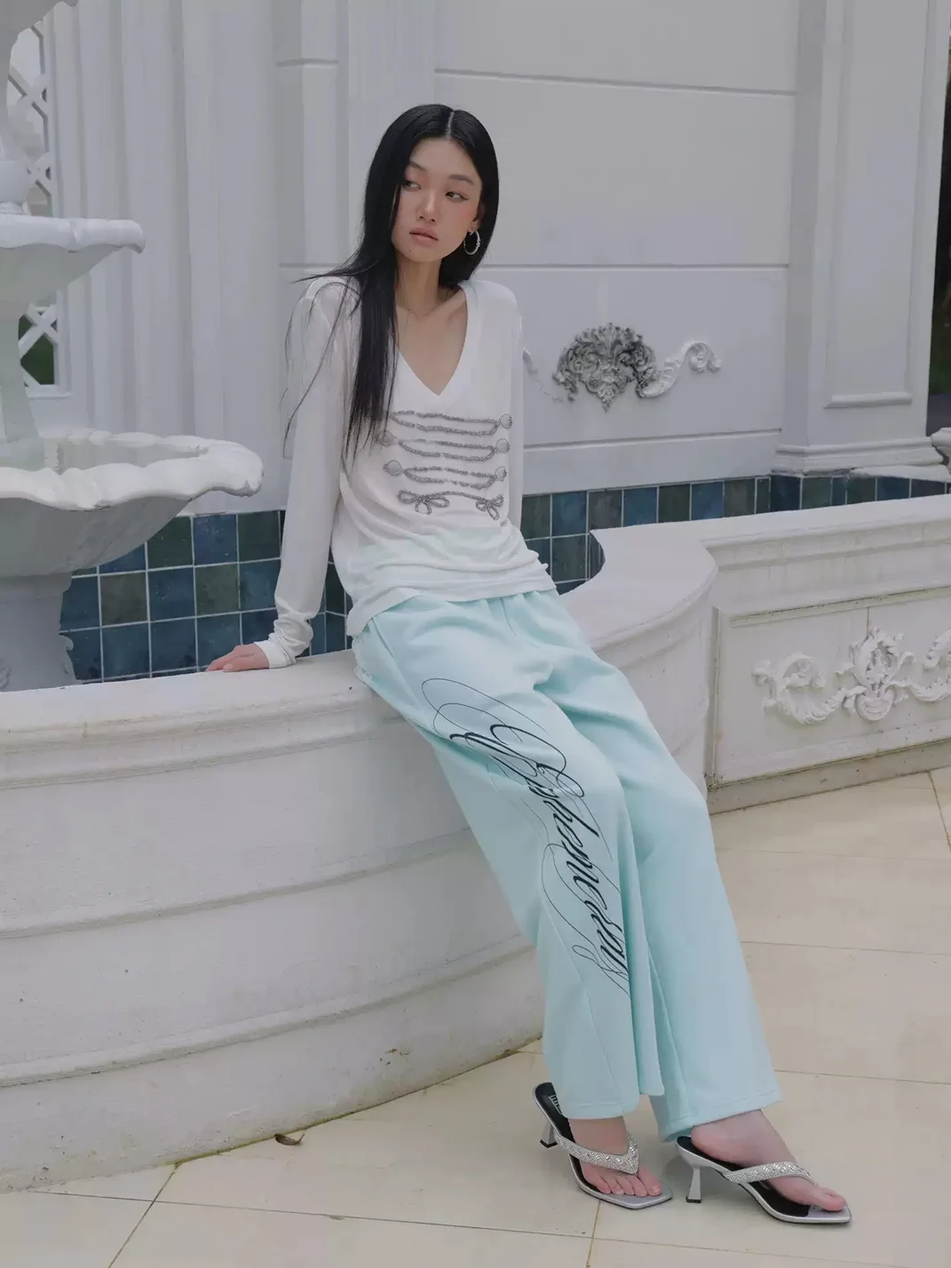FayChui | Mint Green Printed Wide-Leg Straight-Leg Pants