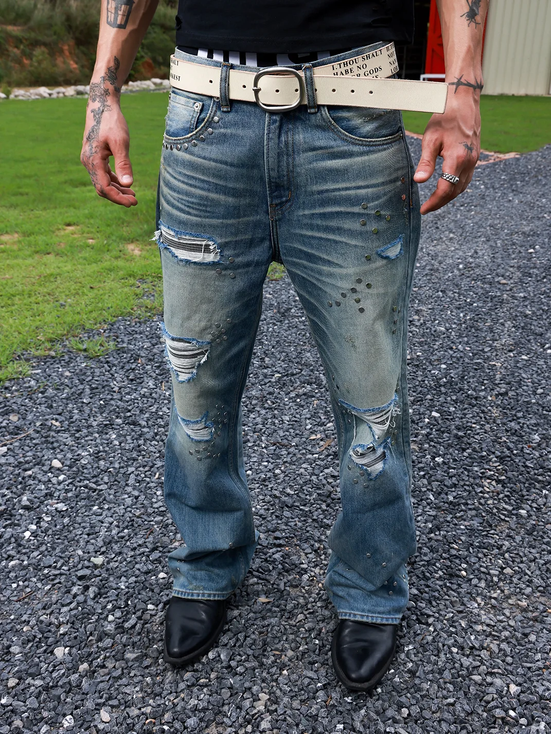 VOWPROGRESS | Houndstooth Patch Distressed Studded Flared Jeans