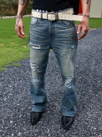 VOWPROGRESS | Houndstooth Patch Distressed Studded Flared Jeans