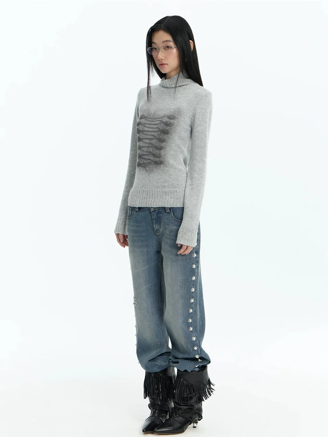FayChui | Printed Slim Fit Cashmere Wool Turtleneck Sweater