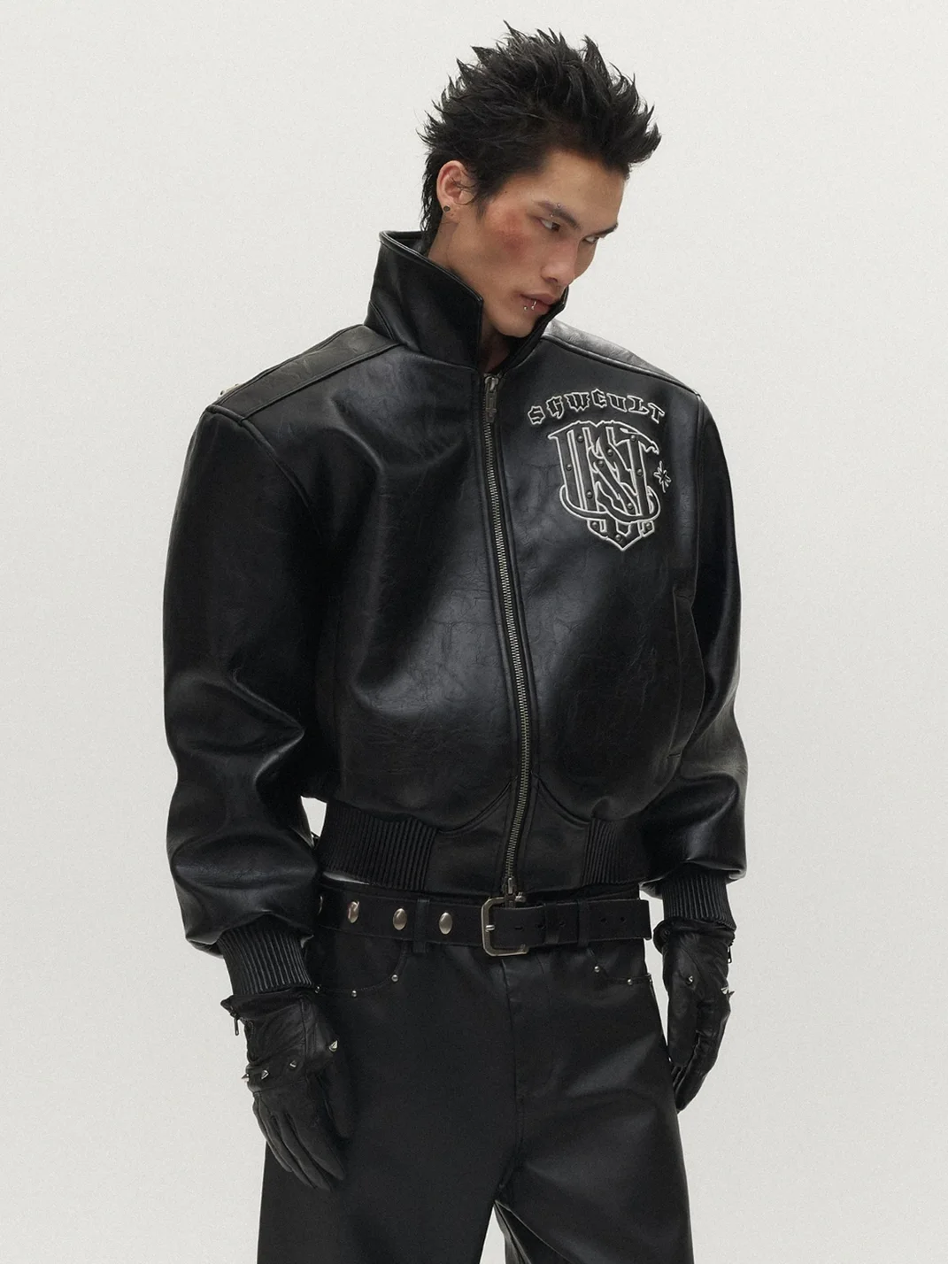 SAXGENWON | Studded Embroidered Faux Leather Moto Jacket