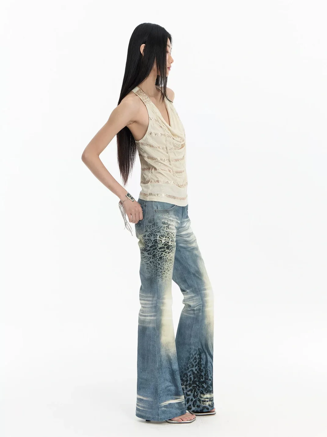 FayChui | Washed Animal Print Slim Flare Jeans