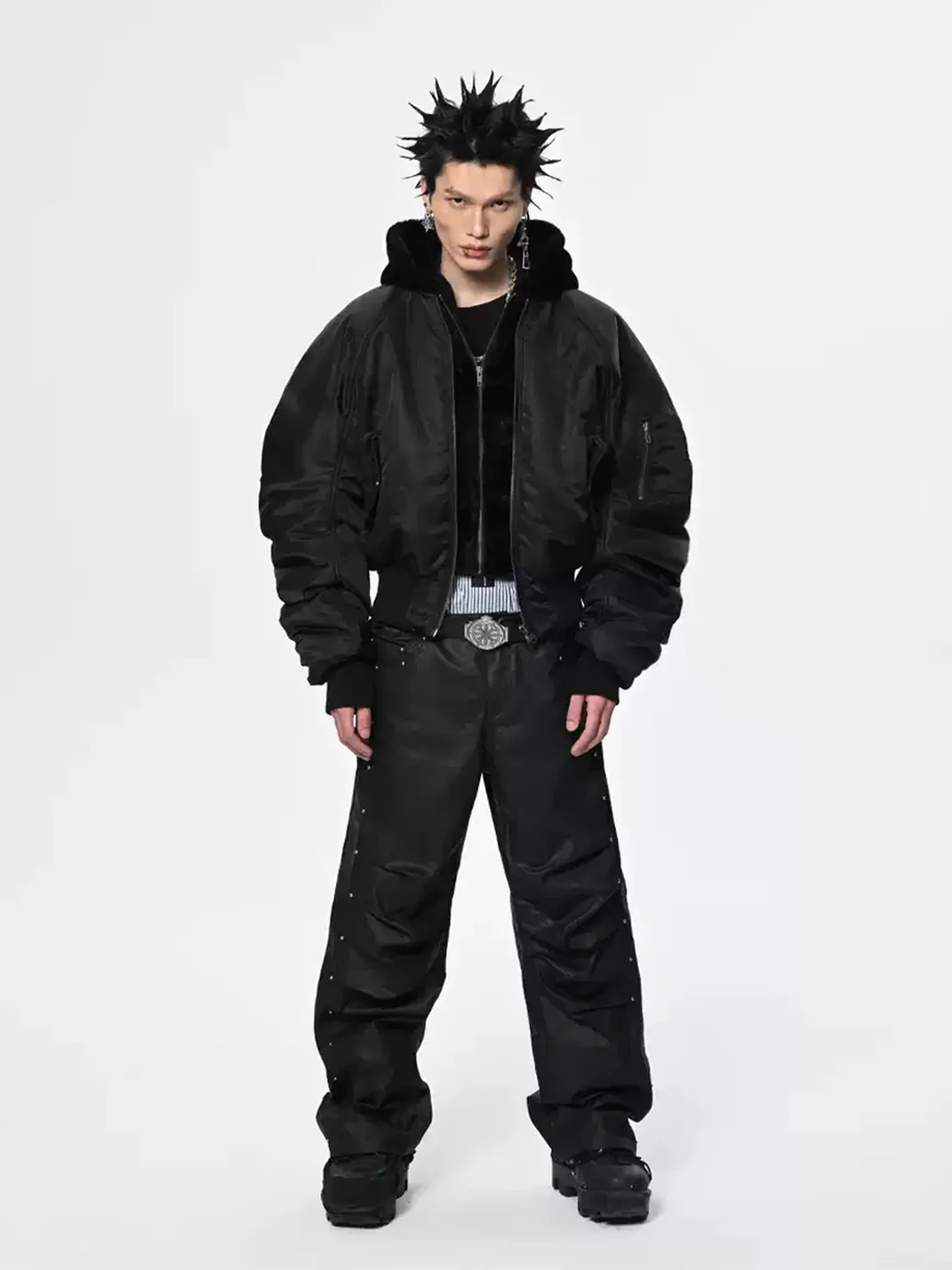 SAXGENWON | Cropped Hooded Faux Fur Bomber Jacket