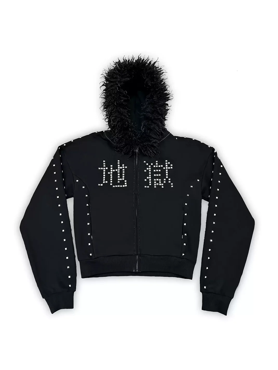 B0RN1NH3LL | Studded Logo Fur-Trim Zip Hoodie