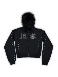 B0RN1NH3LL | Studded Logo Fur-Trim Zip Hoodie