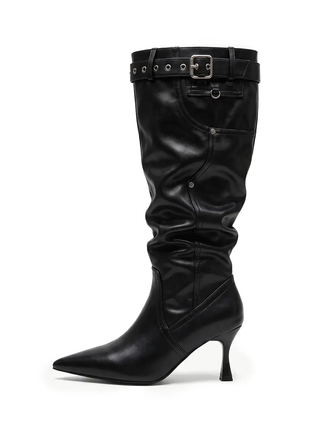 In lucky | Pointed Toe Ruched Stiletto Knee-High Boots
