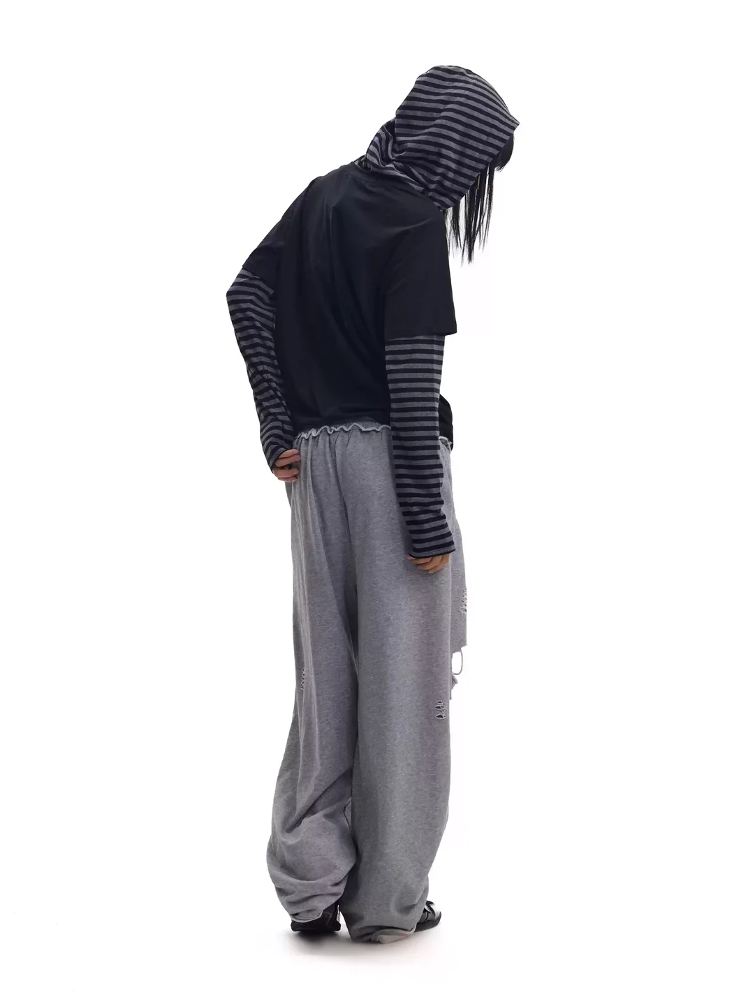 no E mosen | Studded Striped Faux Layer Hooded Top