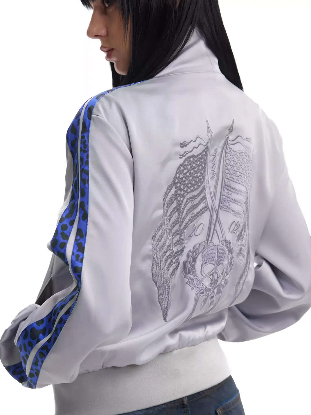 no E mosen | Satin Colorblock Leopard Trim Stand Collar Jacket
