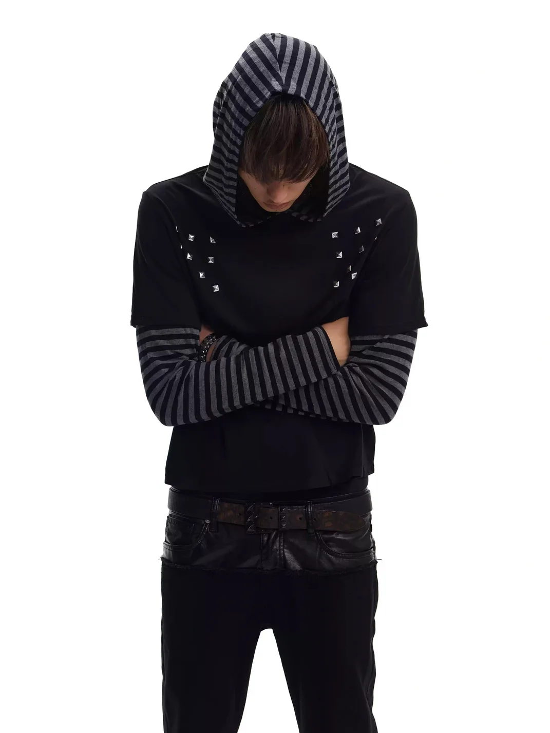 no E mosen | Studded Striped Faux Layer Hooded Top