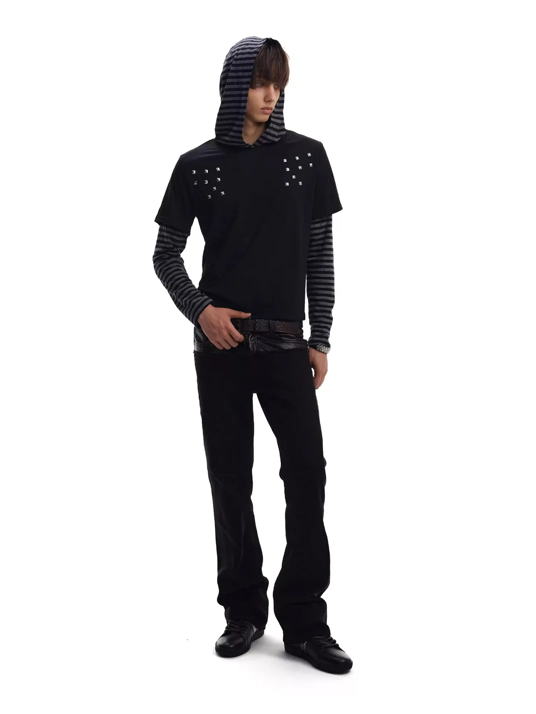 no E mosen | Studded Striped Faux Layer Hooded Top