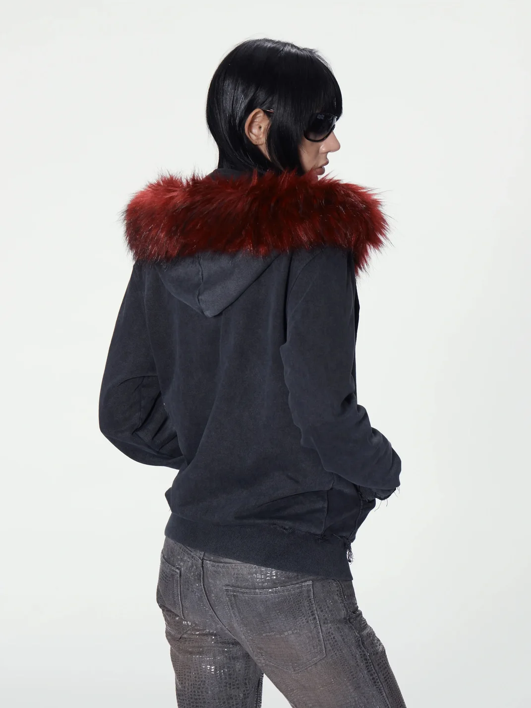 no E mosen | Washed Biker Collar Fur Trim Hooded Sweatshirt
