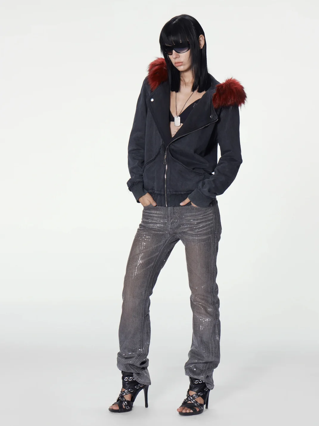 no E mosen | Washed Biker Collar Fur Trim Hooded Sweatshirt