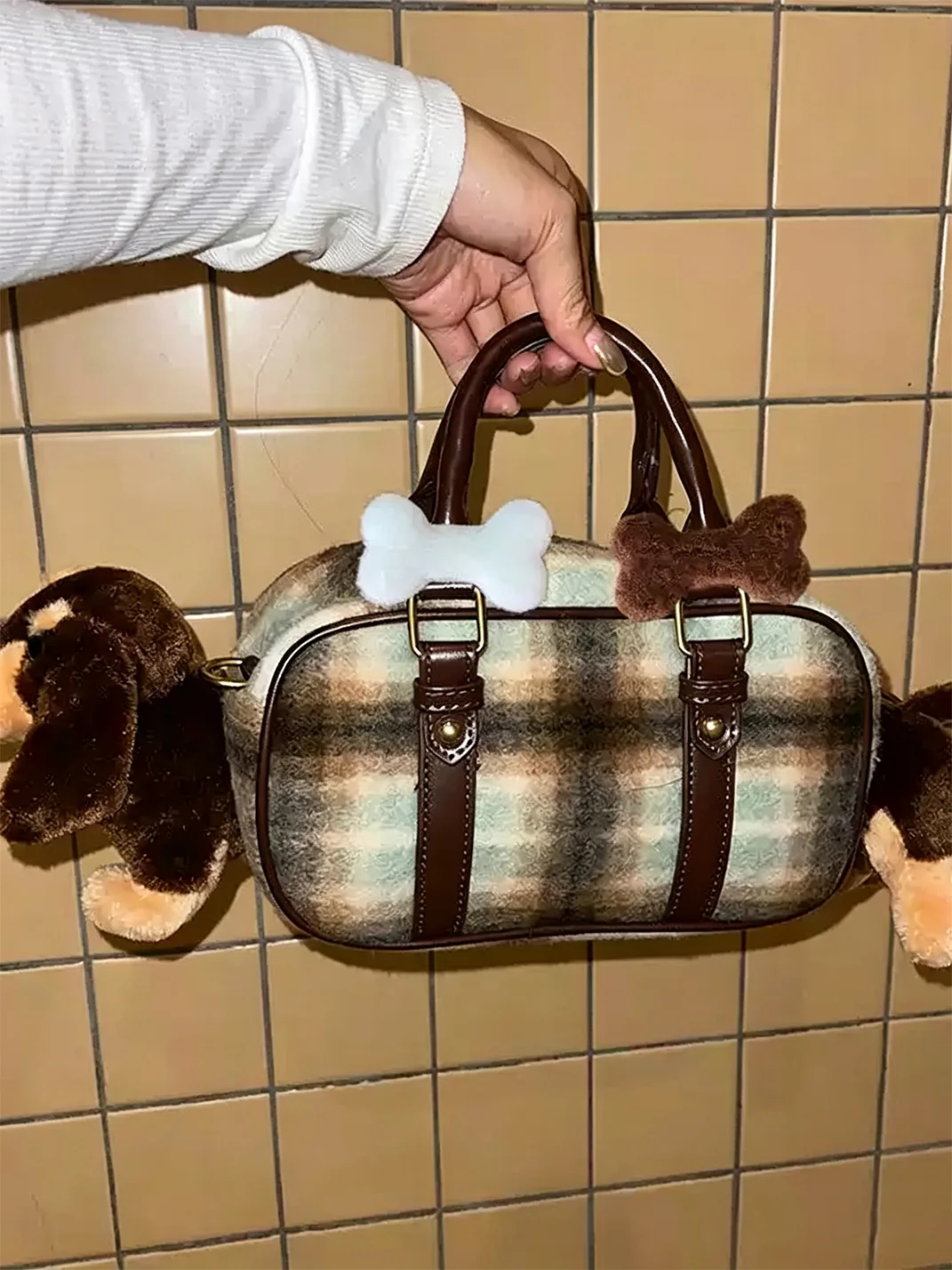 Wolf Grandmother | Plaid Dachshund Plush Handbag