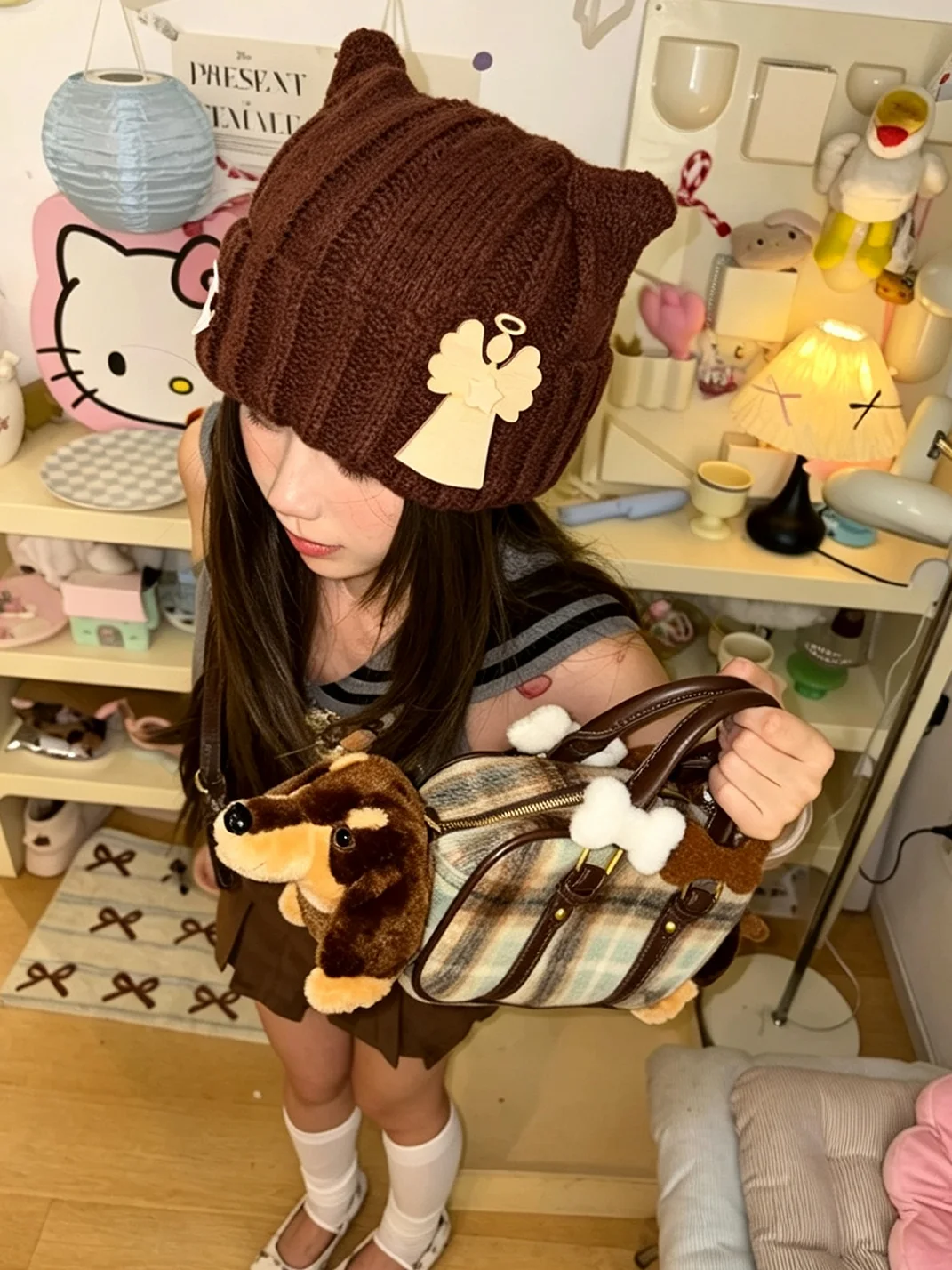Wolf Grandmother | Chunky Knit Cat Ear Beanie With Wooden Angel
