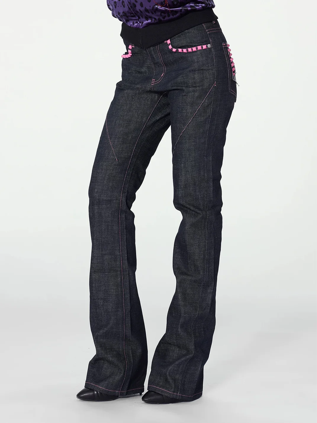 no E mosen | Dark Indigo Contrast Stitch Studded Flared Jeans