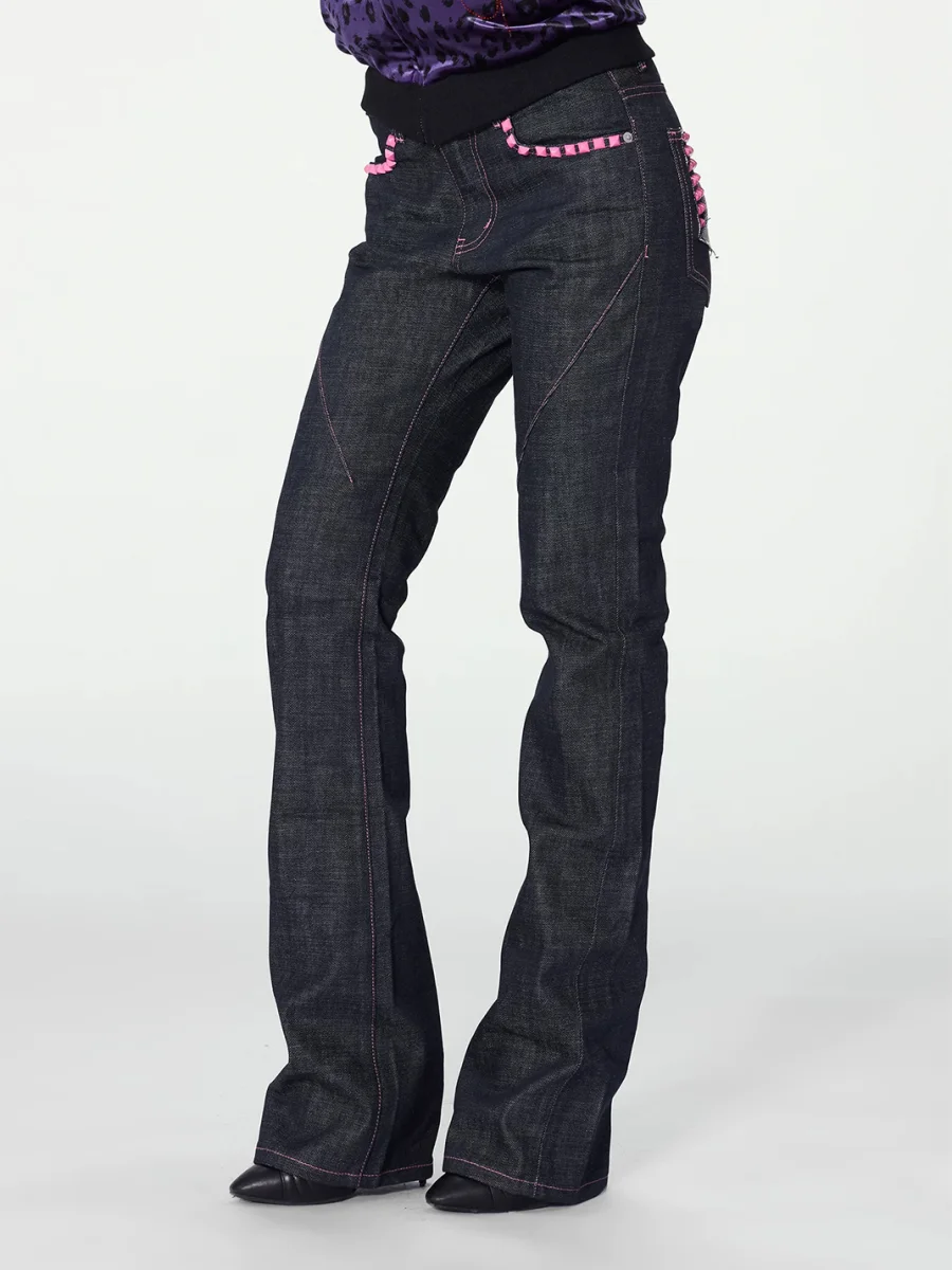 no E mosen | Dark Indigo Contrast Stitch Studded Flared Jeans - 3