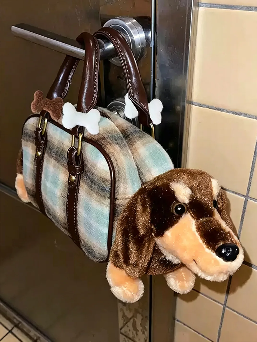 Wolf Grandmother | Plaid Dachshund Plush Handbag
