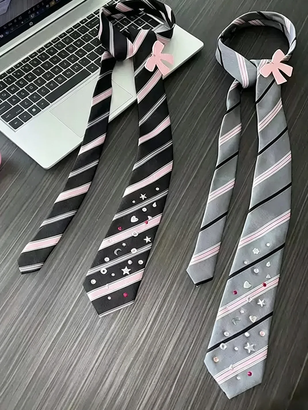 Wolf Grandmother | Rhinestone Bow Striped Necktie