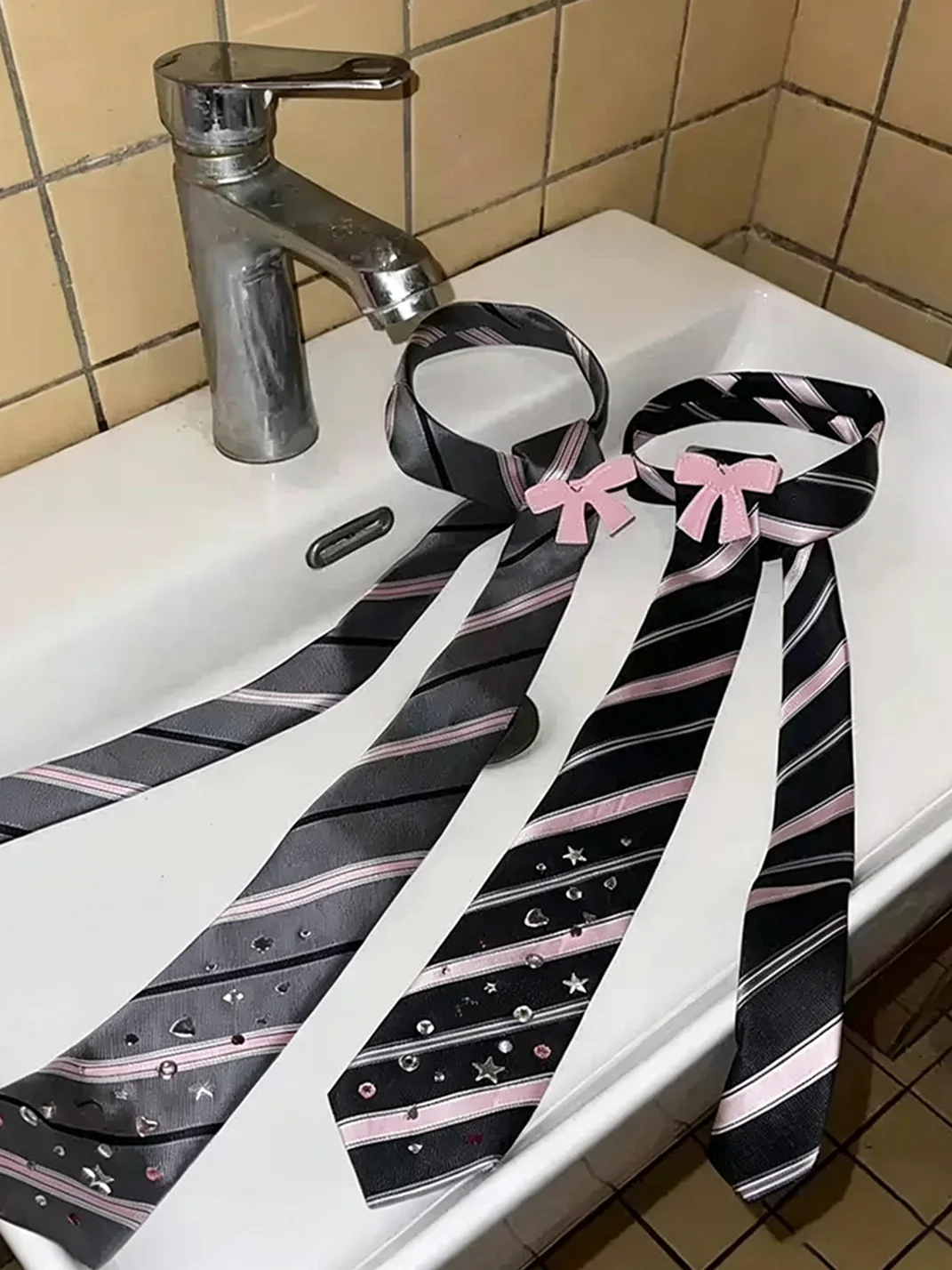 Wolf Grandmother | Rhinestone Bow Striped Necktie