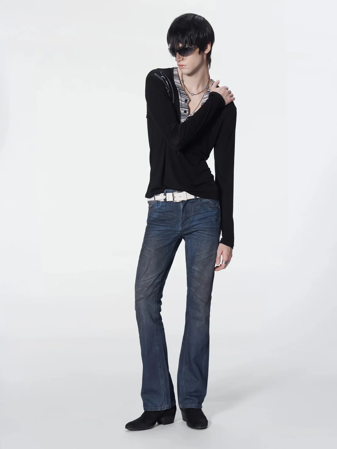 no E mosen | V-Neck Striped Layered Long Sleeve Top
